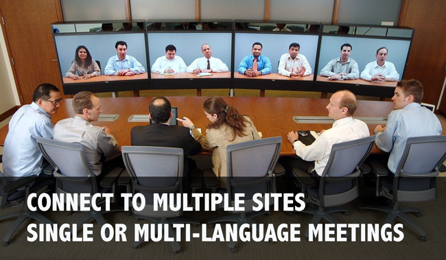 Remote multilingual meeting shown on multiple screens
